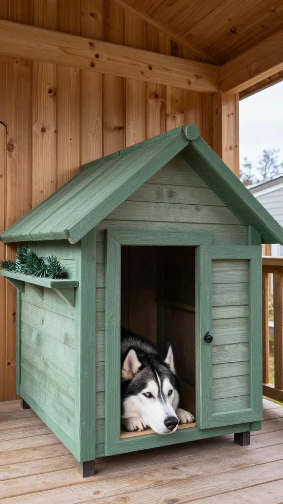 Under a covered porch, insulated cedar dog house with gabled roof and raised floor, snug door opening, resting husky, charcoal and pine-green palette, three-quarter angle, faux pine garland on wall shelf, photorealistic, vertical 2:3, warm natural light, no text, no signs, no plaques