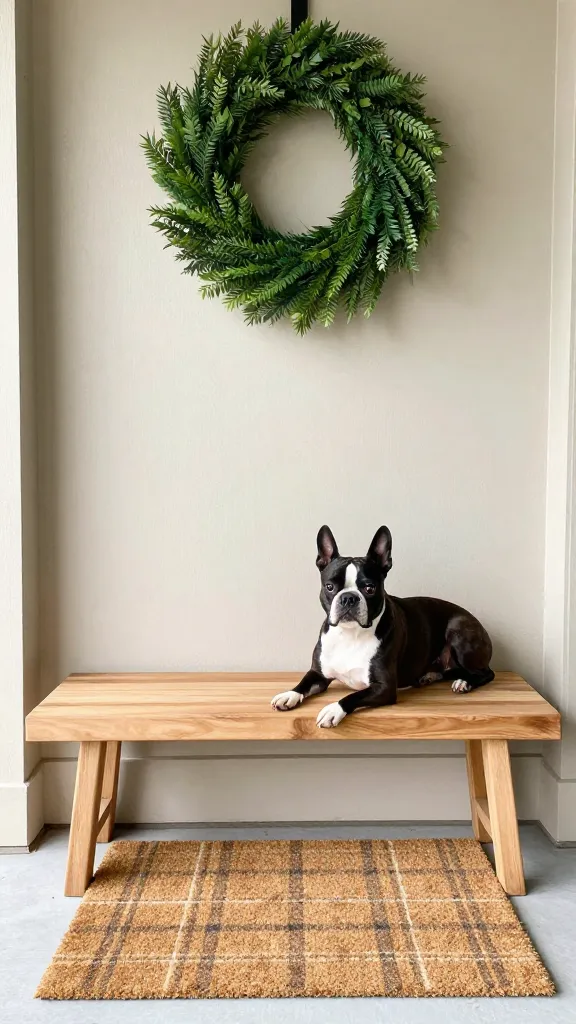 Front entryway with coir doormat featuring subtle plaid, solid wood bench, faux greenery wreath hung high, resting Boston Terrier, forest green and natural tones, eye-level angle, photorealistic, vertical 2:3, warm natural light, no text, no signs, no plaques