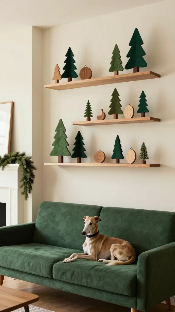Living room with high-mounted floating shelves displaying felt trees and wooden ornaments, faux pine garland on mantel, mid-century sofa, lounging Greyhound, deep emerald and cream palette, three-quarter angle, photorealistic, vertical 2:3, warm natural light, no text, no signs, no plaques