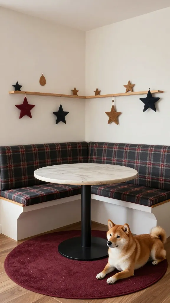 Dining nook with pedestal table, wall-mounted ledge holding felt stars and wooden ornaments, plaid runner on bench back, relaxed Shiba Inu on rug, cranberry and charcoal palette, wide angle, photorealistic, vertical 2:3, warm natural light, no text, no signs, no plaques