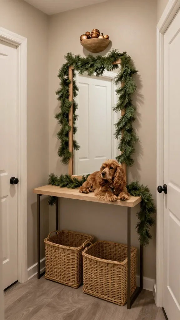 Hallway with elevated console table, baskets tucked behind doors, faux pine garland along mirror frame, wooden ornaments in shallow bowl up high, calm Cocker Spaniel resting, taupe and olive palette, eye-level angle, photorealistic, vertical 2:3, warm natural light, no text, no signs, no plaques
