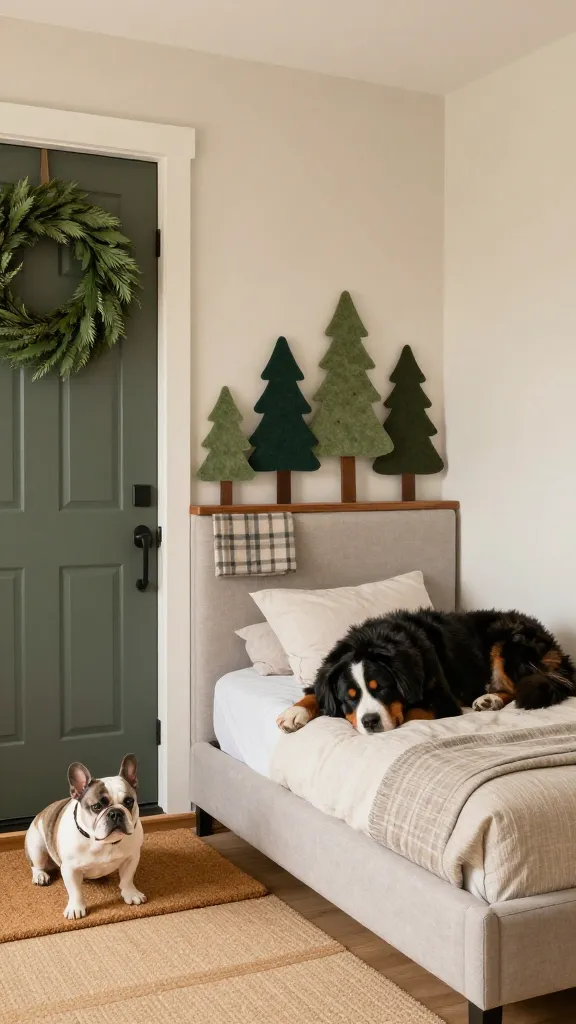 Bedroom with upholstered bed, dog-safe raised shelf styling: felt trees, faux garland, plaid throw folded on headboard rail, sleeping Bernese Mountain Dog on low platform bed, soft neutrals and pine, corner angle, photorealistic, vertical 2:3, warm natural light, no text, no signs, no plaques

Listicle In-Text Image Prompt:
Cozy front entry with coir doormat, sturdy wood bench, faux greenery wreath hung high on the door, relaxed French Bulldog, forest green and neutral palette, eye-level angle, photorealistic, vertical 2:3, warm natural light, no text, no signs, no plaques