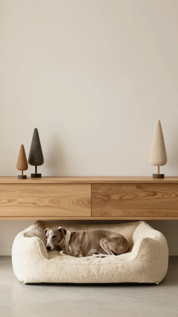Minimalist living room with low wooden console, cream faux-shearling dog bed tucked beneath, sleeping whippet, taupe and ivory palette, felt trees on shelf, eye-level angle, photorealistic, vertical 2:3, warm natural light, no text, no signs, no plaques