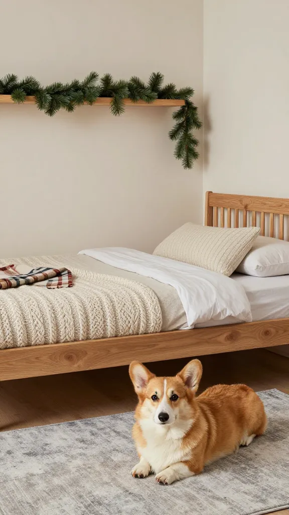 Scandinavian den with oak frame bed and cable-knit cushion, relaxed corgi, stone-gray rug, plaid throw, faux pine garland on floating shelf, three-quarter angle, photorealistic, vertical 2:3, warm natural light, no text, no signs, no plaques