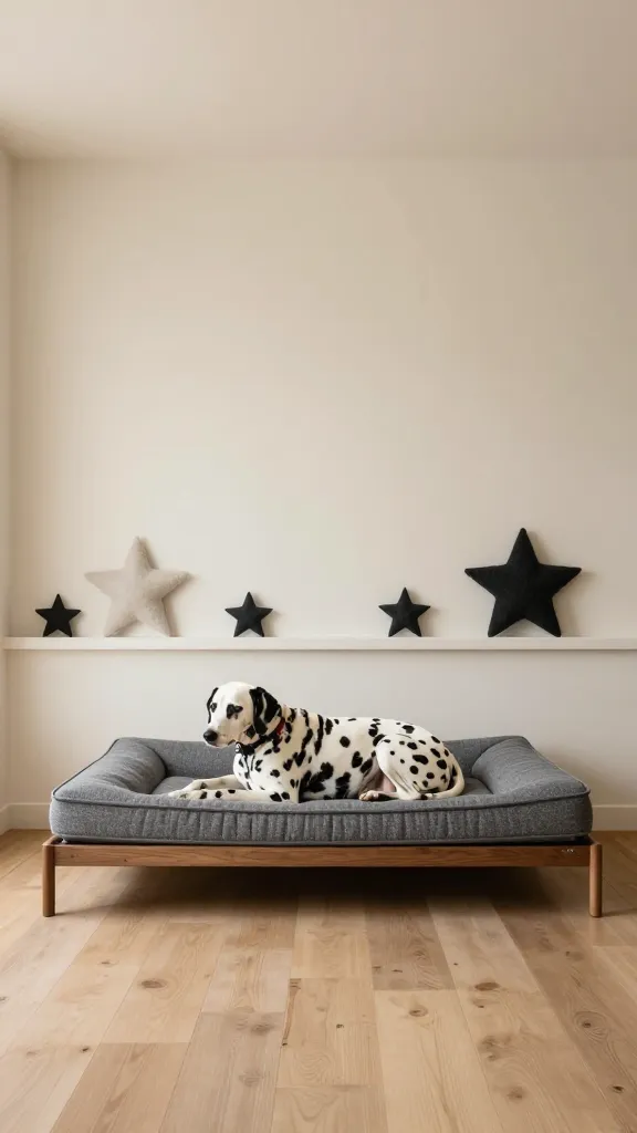 Modern loft living area, tweed dog mattress inside slim walnut frame, resting Dalmatian, charcoal and cream palette, felt stars on wall ledge, wide angle, photorealistic, vertical 2:3, warm natural light, no text, no signs, no plaques