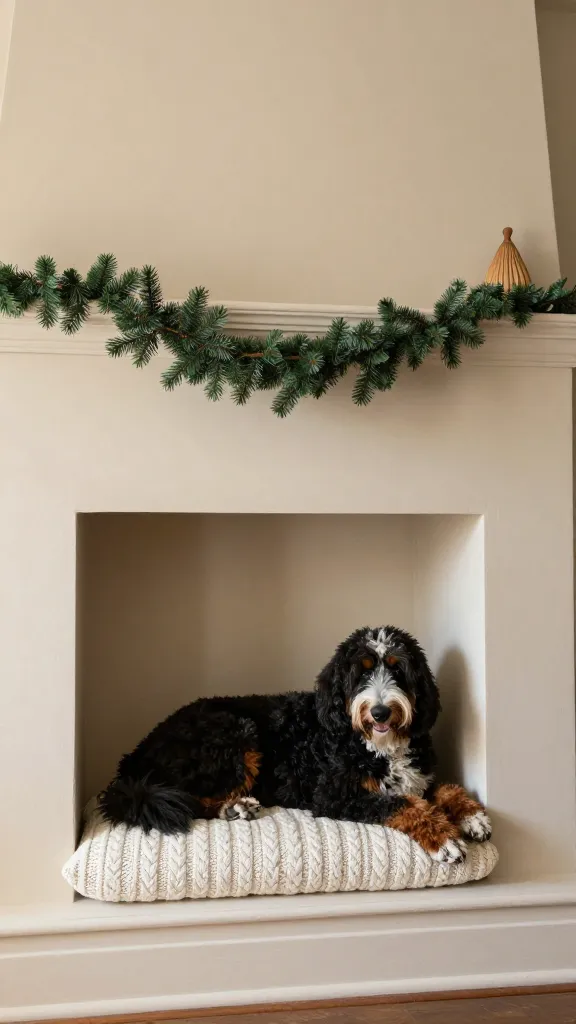 Cozy fireplace nook, cable-knit cushion in built-in niche, relaxed Bernedoodle, soft beige walls, faux pine garland across mantel, wooden ornaments, low eye-level angle, photorealistic, vertical 2:3, warm natural light, no text, no signs, no plaques