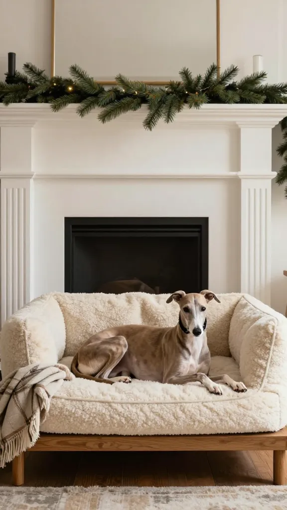 Living room with a wooden frame holding a cream sherpa dog bed, subtle plaid throw, resting Italian greyhound, neutral taupe and ivory palette, faux pine garland on mantel, eye-level angle, photorealistic, vertical 2:3, warm natural light, no text, no signs, no plaques