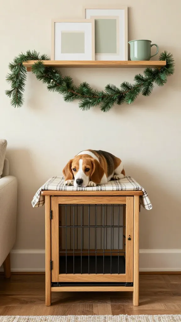 Tiny living room with a narrow wooden end-table dog crate, plaid runner on top, faux pine garland on wall shelf, resting beagle, cream and sage palette, eye-level angle, photorealistic, vertical 2:3, warm natural light, no text, no signs, no plaques