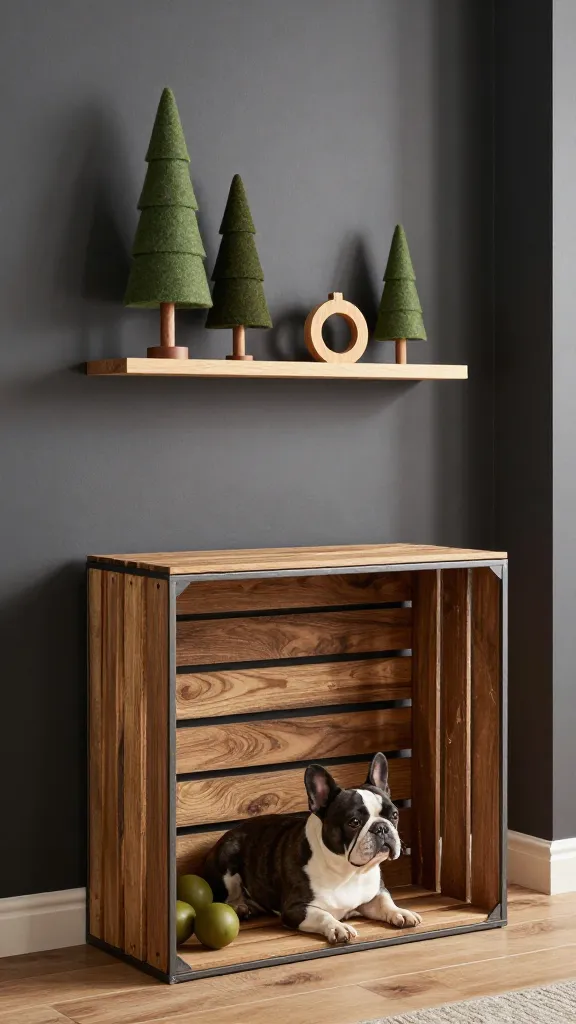 Studio apartment entryway using a slim metal-and-wood crate as console, felt trees on floating shelf, wooden ornaments, relaxed French bulldog inside, charcoal and olive palette, three-quarter angle, photorealistic, vertical 2:3, warm natural light, no text, no signs, no plaques