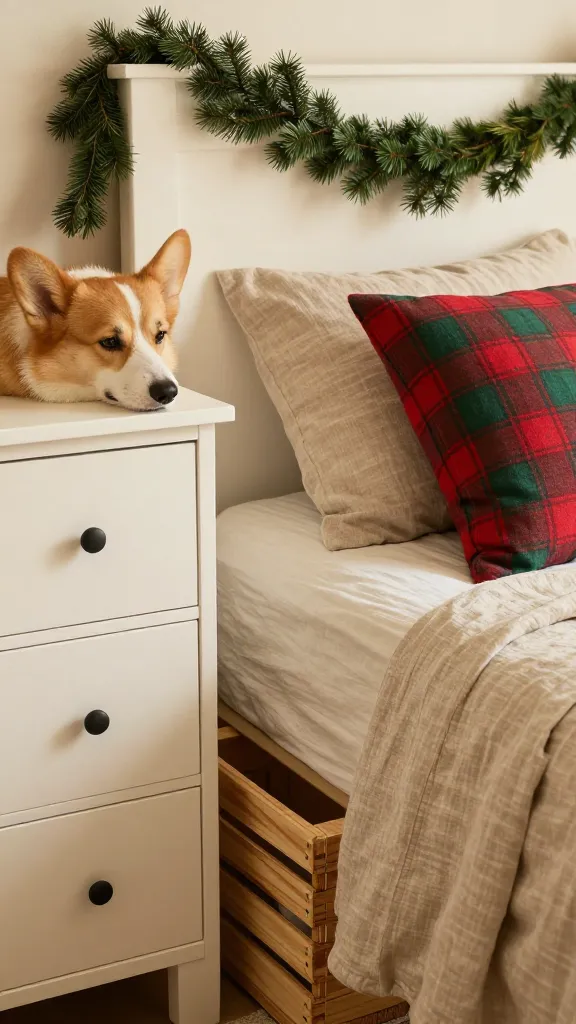Compact bedroom with crate tucked beside dresser, linen cover in warm oatmeal, red-and-green plaid pillow on bed, faux pine garland on headboard, sleeping corgi, soft top-down angle, photorealistic, vertical 2:3, warm natural light, no text, no signs, no plaques