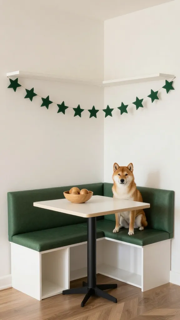 Small dining nook where bench doubles over a built-in crate, felt star garland along high shelf, wooden ornaments in a bowl, calm Shiba Inu, white and forest green palette, wide corner angle, photorealistic, vertical 2:3, warm natural light, no text, no signs, no plaques