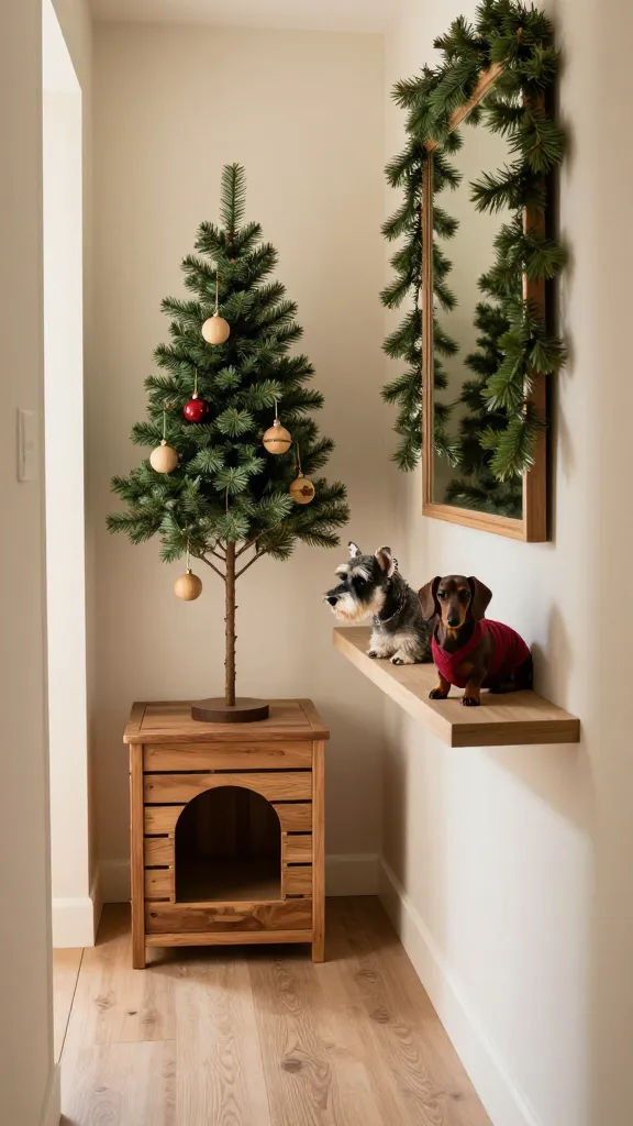 Narrow hallway with recessed crate under floating console, tabletop tree against wall, faux pine garland on mirror frame, relaxed miniature schnauzer, taupe and deep red accents, side profile angle, photorealistic, vertical 2:3, warm natural light, no text, no signs, no plaques

Living room corner featuring a slim wooden end-table dog crate, tabletop tree and wooden ornaments on top, faux pine garland on wall shelf, calm dachshund, cream and forest green palette, eye-level angle, photorealistic, vertical 2:3, warm natural light, no text, no signs, no plaques