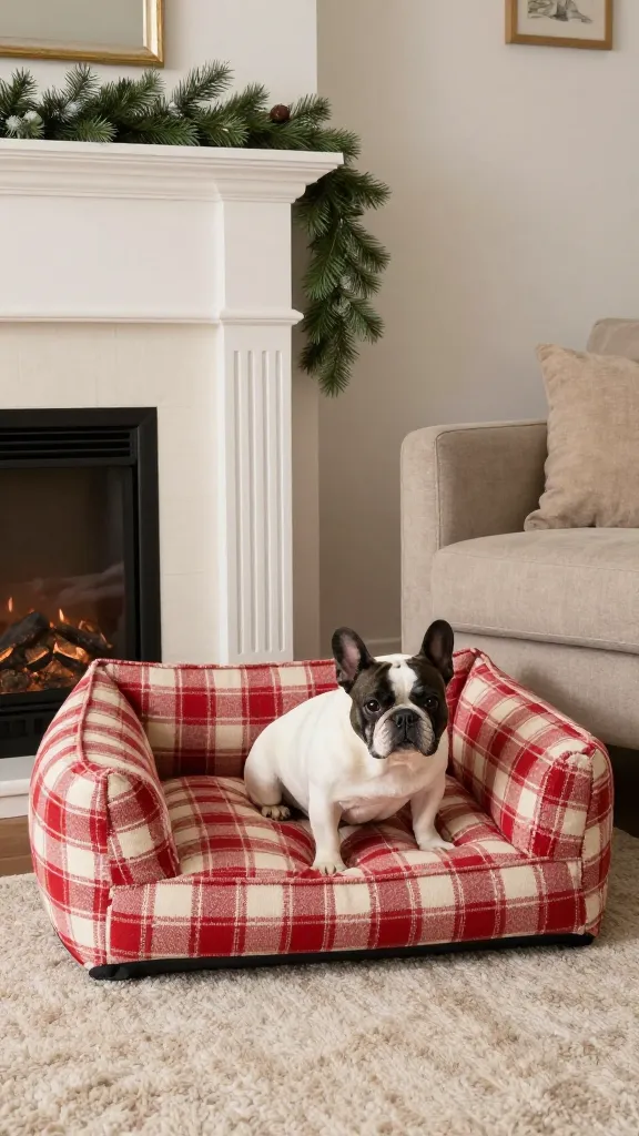 Cozy living room corner with fabric-only floor cushion dog bed in red-and-cream plaid, relaxed French bulldog, neutral sofa, faux pine garland on mantel, eye-level angle, photorealistic, vertical 2:3, warm natural light, no text, no signs, no plaques