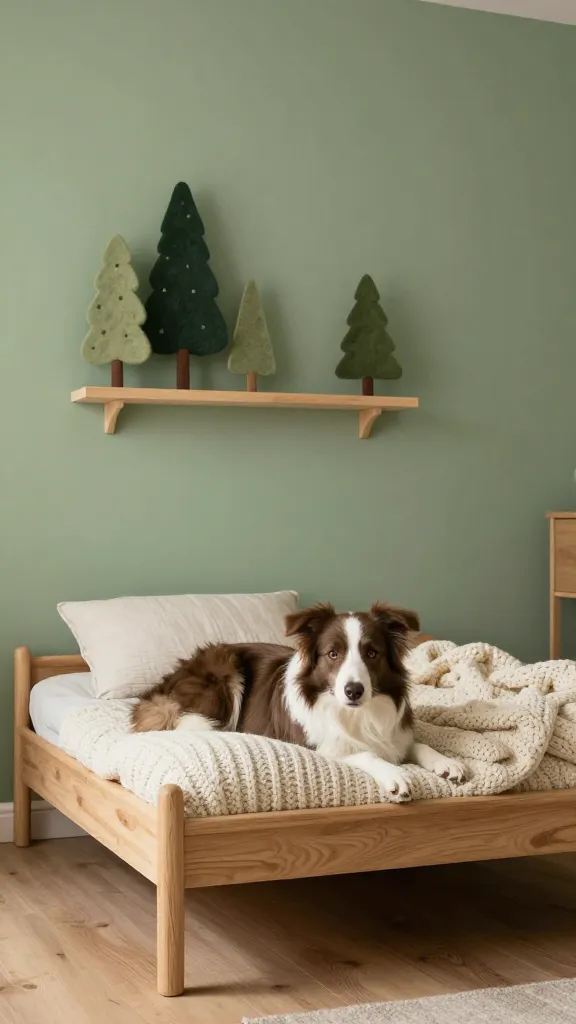 Scandinavian bedroom with wooden raised frame dog bed, chunky knit cream cushion, resting border collie, soft green and natural wood palette, felt trees on shelf, low angle, photorealistic, vertical 2:3, warm natural light, no text, no signs, no plaques