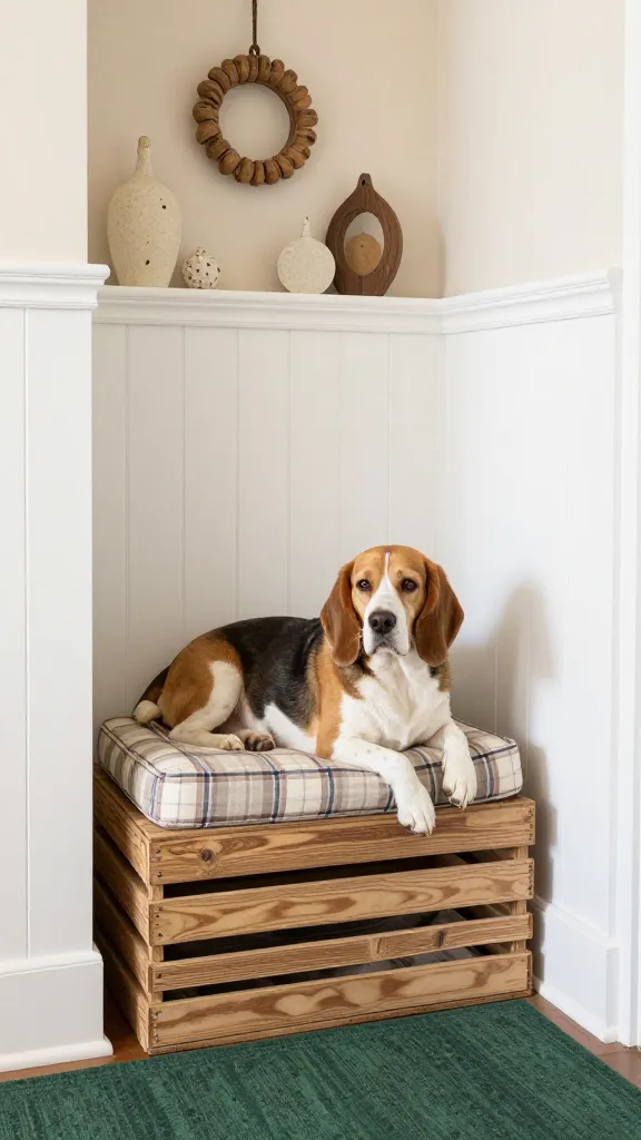 Entryway nook featuring crate makeover with plaid-lined cushion, calm beagle inside, white wainscoting, wooden ornaments on high shelf, forest green runner, three-quarter angle, photorealistic, vertical 2:3, warm natural light, no text, no signs, no plaques