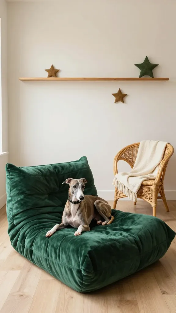 Sunroom setup with oversized floor cushion in deep green velvet, lounging greyhound, rattan chair, cream throw, felt stars on high wall shelf, wide angle, photorealistic, vertical 2:3, warm natural light, no text, no signs, no plaques