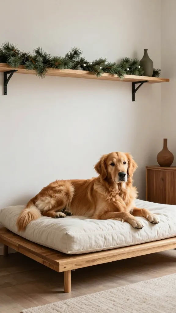 Family room with low modern wooden platform dog bed, rust and ivory textiles, relaxed golden retriever, faux pine garland on floating shelf, mid-century accents, eye-level three-quarter angle, photorealistic, vertical 2:3, warm natural light, no text, no signs, no plaques