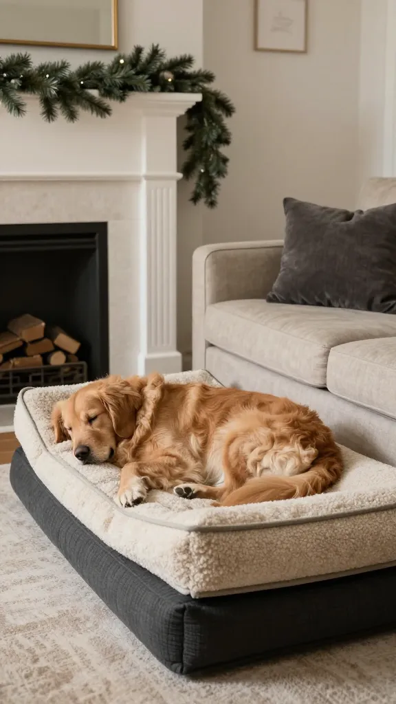 Cozy living room with sherpa-topped, dual-layer foam bolster dog bed beside linen sofa, sleeping golden retriever, muted oatmeal and charcoal palette, faux pine garland on mantel, eye-level angle, photorealistic, vertical 2:3, warm natural light, no text, no signs, no plaques