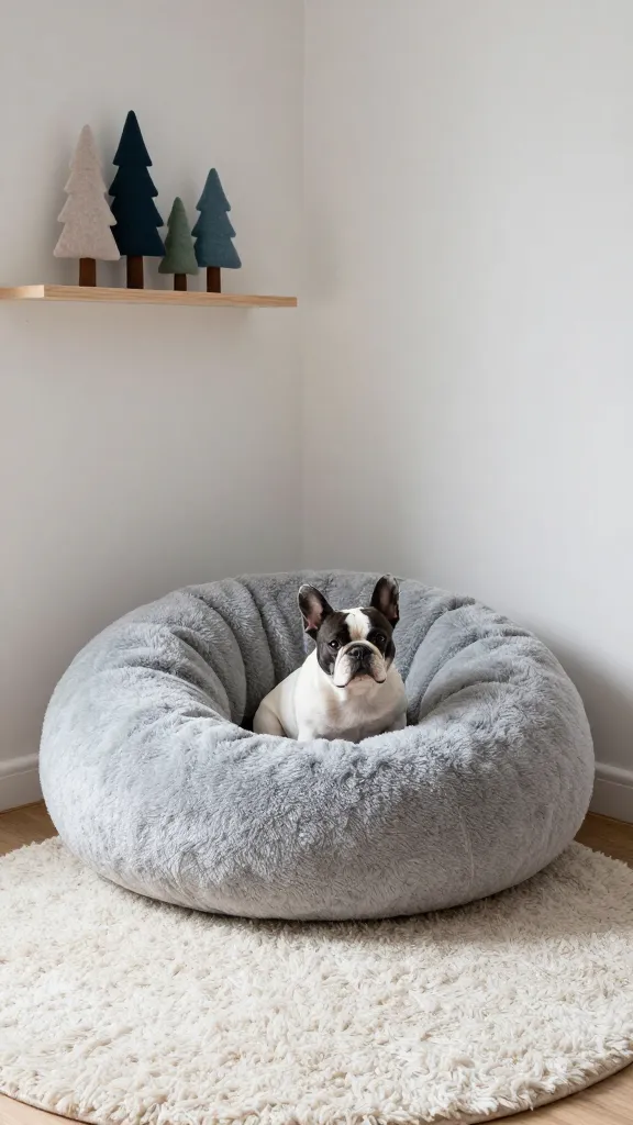 Scandinavian bedroom corner with faux shearling donut bed on wool rug, relaxed French bulldog, soft gray and powder blue palette, felt trees on wall shelf, three-quarter angle, photorealistic, vertical 2:3, warm natural light, no text, no signs, no plaques