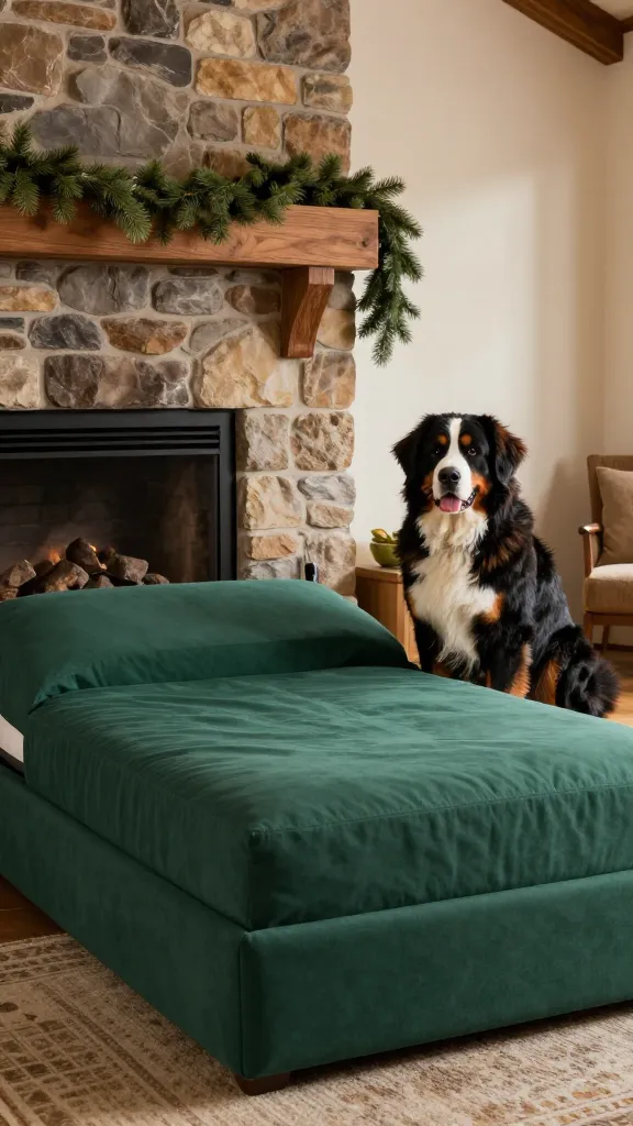Rustic den with orthopedic foam platform bed in upholstery-grade cover near stone fireplace, calm Bernese mountain dog, deep forest green and russet palette, faux pine garland on mantel, eye-level angle, photorealistic, vertical 2:3, warm natural light, no text, no signs, no plaques