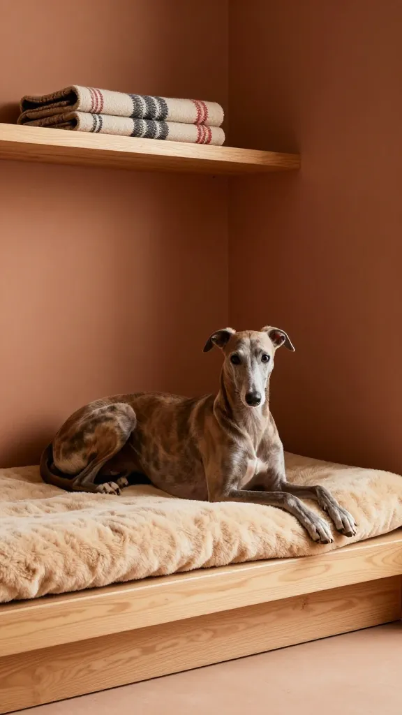 Sunroom corner featuring raised wooden frame with plush fleece cushion, lounging greyhound, warm terracotta and sand palette, plaid throw folded on high shelf, low angle, photorealistic, vertical 2:3, warm natural light, no text, no signs, no plaques