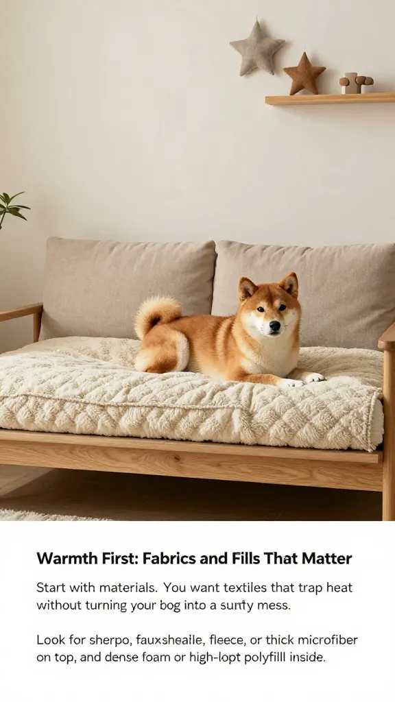 Listicle In-Text Image Prompt:

Warmth First: Fabrics and Fills That Matter
Start with materials. You want textiles that trap heat without turning your dog into a sweaty mess. Look for sherpa, faux shearling, fleece, or thick microfiber on top, and dense foam or high-loft polyfill inside.
Scandinavian living room with sherpa-topped dual-layer foam bolster bed by oak sofa, relaxed Shiba Inu, soft taupe and moss palette, felt stars on wall shelf, three-quarter angle, photorealistic, vertical 2:3, warm natural light, no text, no signs, no plaques