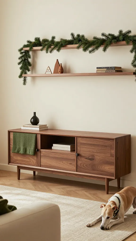 Living room with walnut media console, cream sofa, forest green throw, faux pine garland on high shelf, wooden ornaments, relaxed whippet on rug, eye-level angle, photorealistic, vertical 2:3, warm natural light, no text, no signs, no plaques
