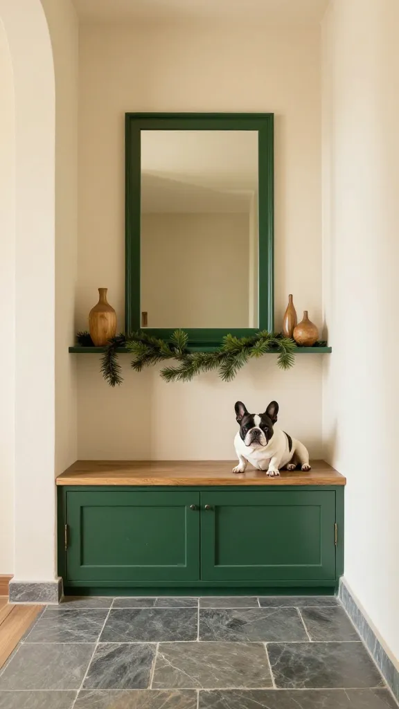 Entryway with bench and closed storage, slate tile, cream walls, forest green mirror frame, wooden ornaments on upper shelf, faux pine garland, resting French Bulldog, low-angle view, photorealistic, vertical 2:3, warm natural light, no text, no signs, no plaques