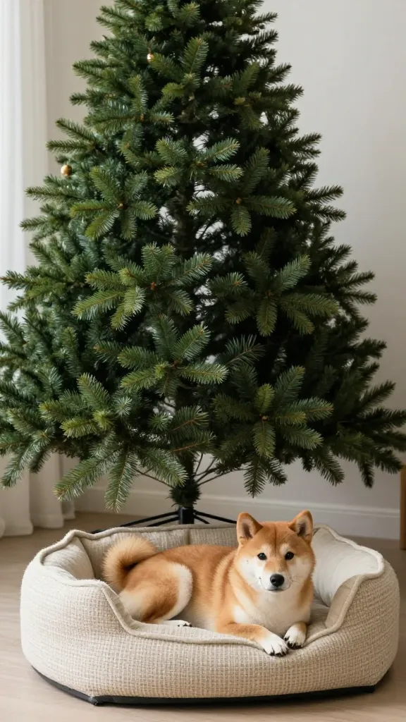 Living room corner with tall spruce Christmas tree, low-profile round tweed dog bed, resting Shiba Inu, forest green and cream palette, eye-level angle, photorealistic, vertical 2:3, warm natural light, no text, no signs, no plaques