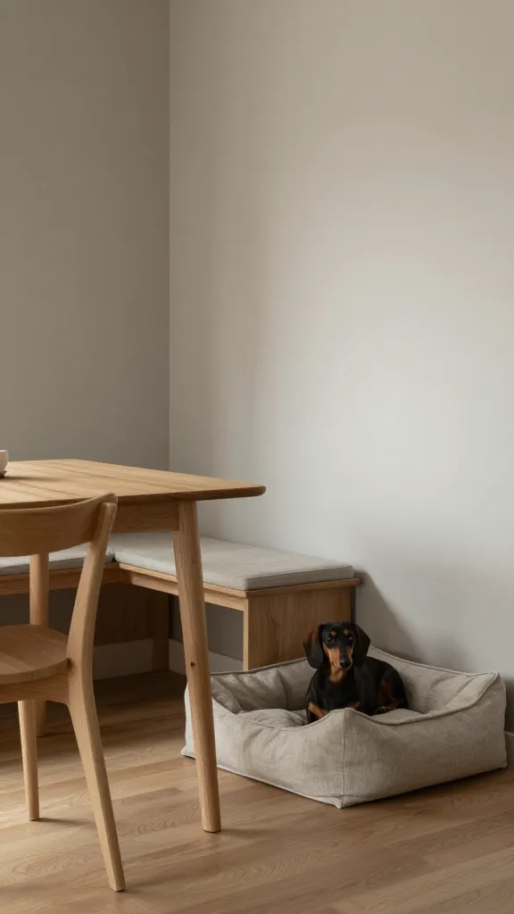 Scandinavian dining nook, slim pencil tree beside bench, bolstered rectangular linen dog bed tucked near wall, relaxed dachshund, neutral oak and soft gray palette, three-quarter angle, photorealistic, vertical 2:3, warm natural light, no text, no signs, no plaques