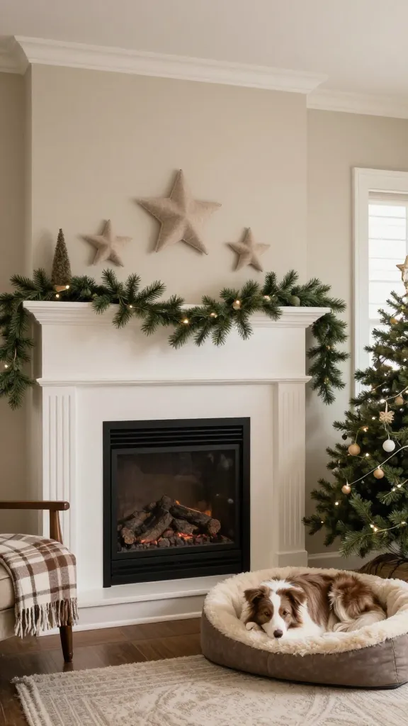 Fireplace family room, faux pine garland on mantel, felt stars on wall shelf, plaid throw on chair, oval shearling dog bed by tree, sleeping border collie, warm taupe palette, eye-level angle, photorealistic, vertical 2:3, warm natural light, no text, no signs, no plaques