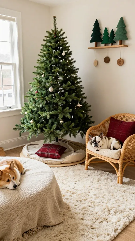 Cozy sunroom, rattan chair and wool rug, narrow fir tree against wall, plaid cushion in raised platform dog bed, snoozing French bulldog, cream and deep red accents, overhead angle, photorealistic, vertical 2:3, warm natural light, no text, no signs, no plaques

Listicle In-Text Image Prompt:
Living room with wide-base Christmas tree, low-profile round bed placed just outside skirt, relaxed corgi, felt trees on wall shelf, wooden ornaments, green and tan palette, eye-level angle, photorealistic, vertical 2:3, warm natural light, no text, no signs, no plaques