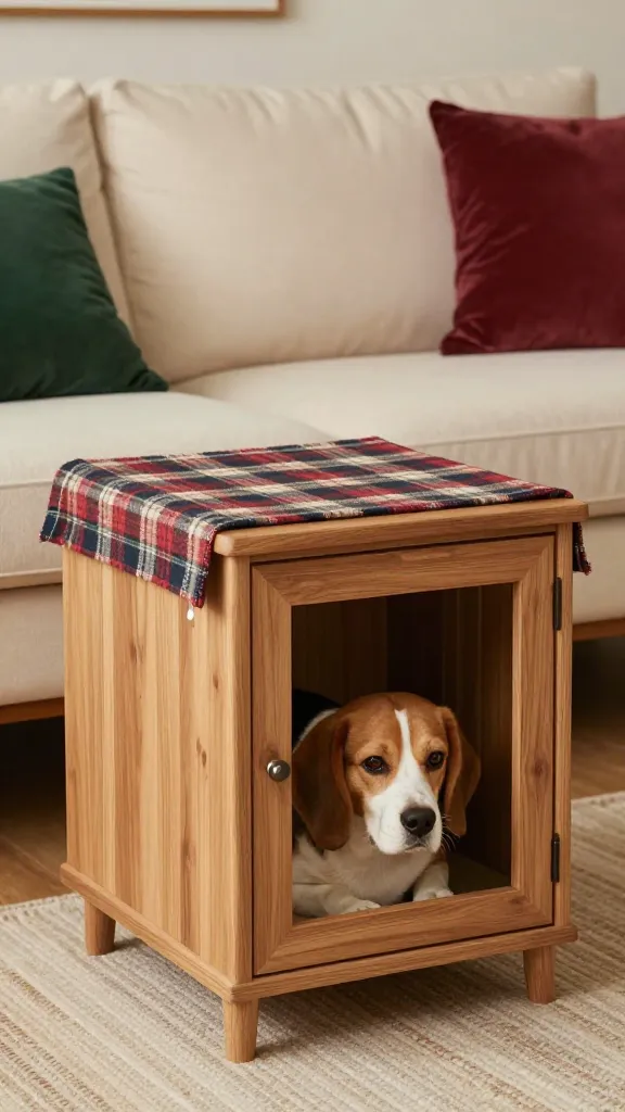 Cozy living room with a solid wood end-table dog crate, plaid runner on top, relaxed beagle inside, cream sofa, forest green and cranberry accents, eye-level angle, photorealistic, vertical 2:3, warm natural light, no text, no signs, no plaques