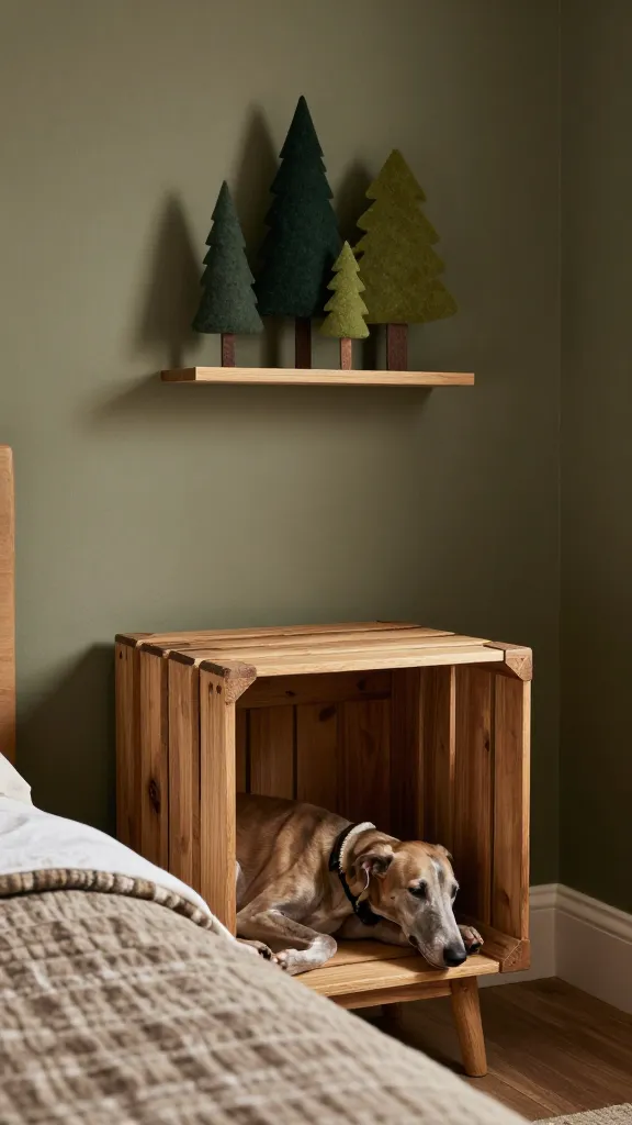 Bedroom corner with a mid-century wood crate nightstand, felt trees on wall shelf, sleepy greyhound inside, taupe quilt and plaid throw, moody olive tones, low eye-level angle, photorealistic, vertical 2:3, warm natural light, no text, no signs, no plaques