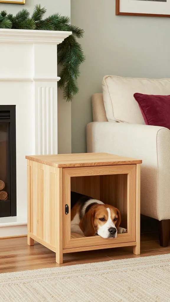 Listicle In-Text Image Prompt:

Small living room with a solid wood dog crate end table, faux pine garland on the mantel, sleeping beagle inside, cream sofa, sage and cranberry palette, eye-level angle, photorealistic, vertical 2:3, warm natural light, no text, no signs, no plaques